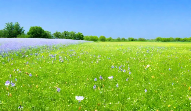 Hermoso campo verde con flores silvestres