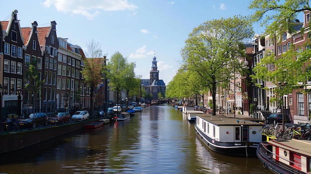Un hermoso canal en Ámsterdam, Países Bajos