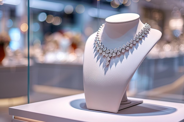 Un hermoso y caro collar de diamantes de plata en la ventana de una joyería.