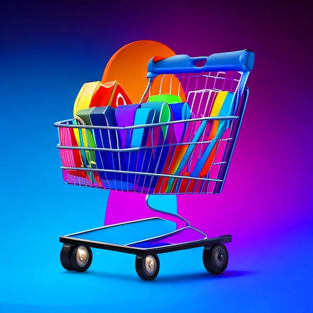 Un hermoso carrito de compras negro representado en un estilo de arte vectorial con colores vibrantes y bordes nítidos.