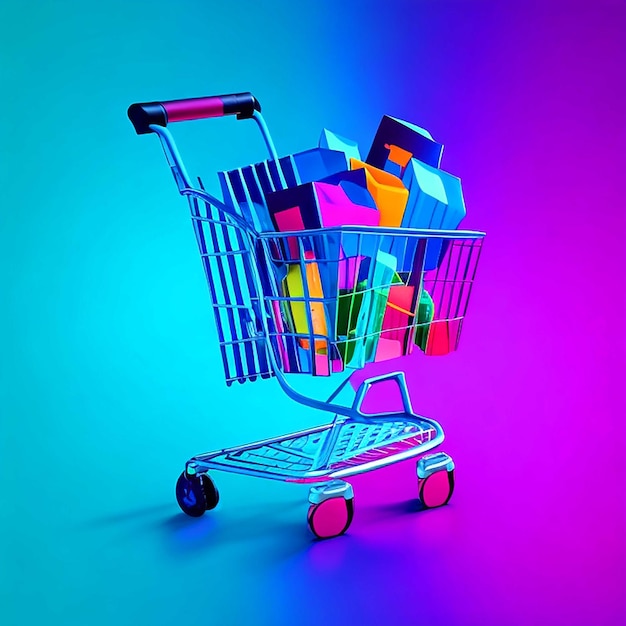 Un hermoso carrito de compras negro representado en un estilo de arte vectorial con colores vibrantes y bordes nítidos.