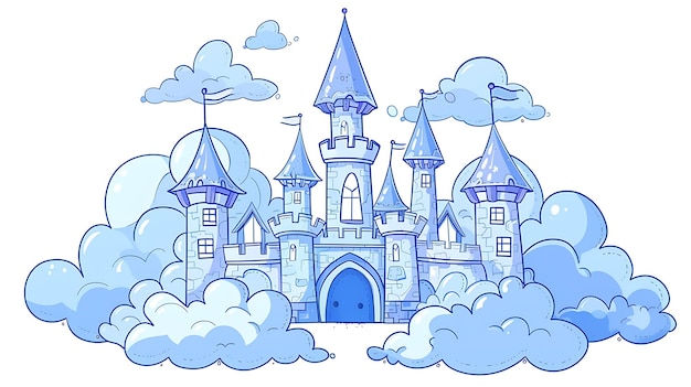 Foto un hermoso castillo azul flota en nubes esponjosas el castillo tiene muchas torres y torretas y está rodeado por un cielo azul y nubes blancas
