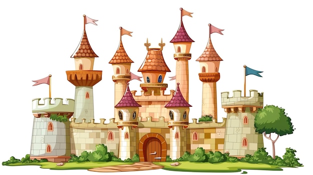 Foto un hermoso castillo de dibujos animados con torres de ladrillo marrón y techos rojos tiene una gran puerta en el frente y varias ventanas