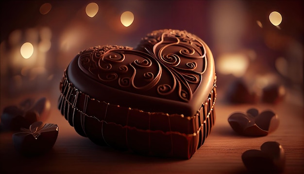 Un hermoso chocolate en forma de corazón está sobre una mesa.