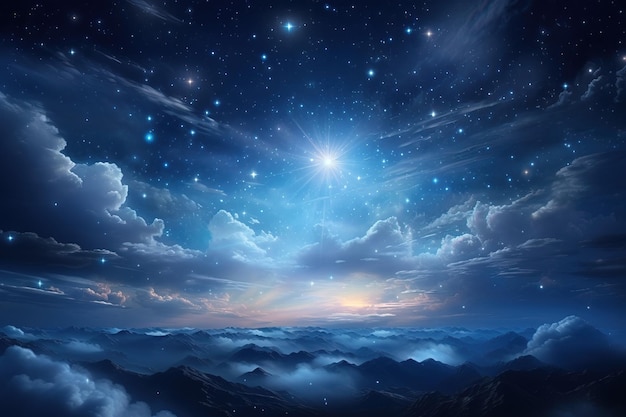 Un hermoso cielo celestial en una fantasía de ensueño con una estrella brillante en el cielo sobre la naturaleza