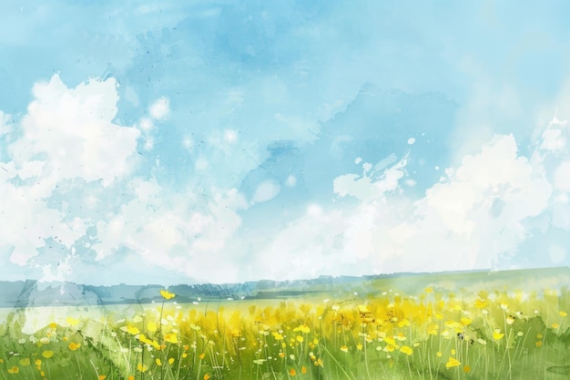 Un hermoso cielo colorido con nubes sobre el campo de flores silvestres