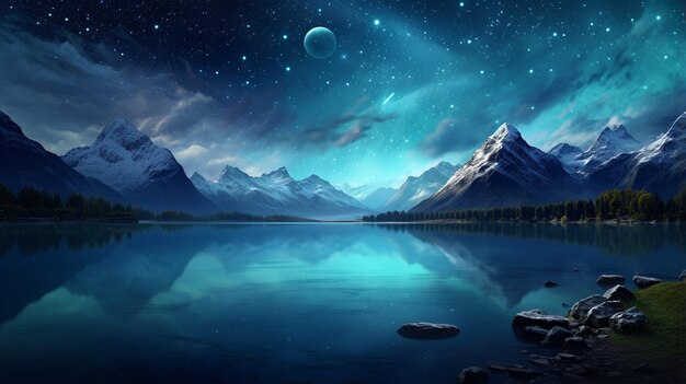 hermoso cielo estrellado de noche con montañas y lago