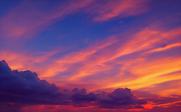 Hermoso cielo naranja y morado y nubes al atardecer