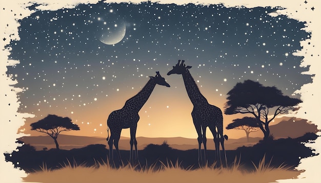 Foto hermoso cielo nocturno africano dos jirafas y cielo de estrellas vector completo