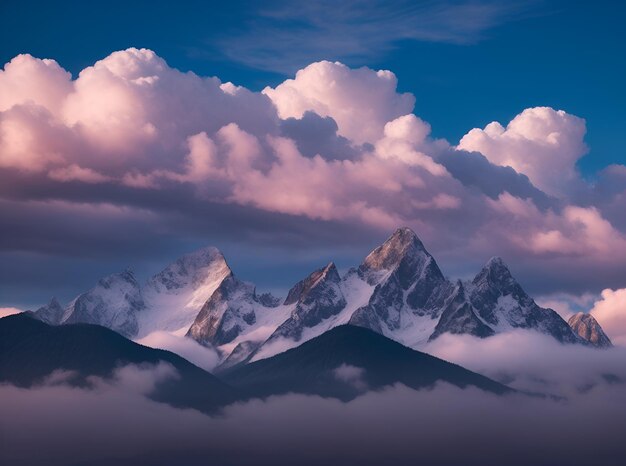 hermoso cielo nublado en tres colores con montañas