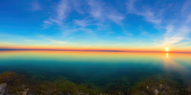 Foto hermoso cielo y puesta de sol sobre un gran lago