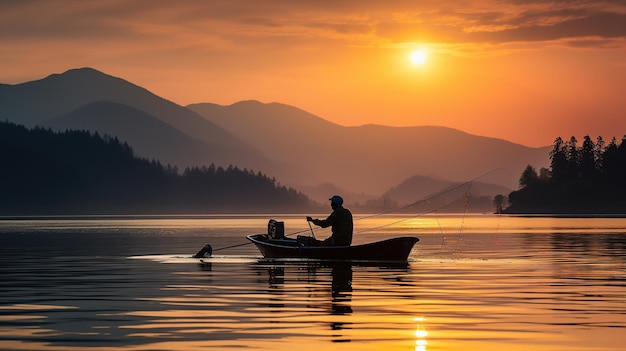 Hermoso cielo y silueta de pescador