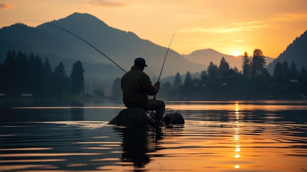 Hermoso cielo y silueta de pescador