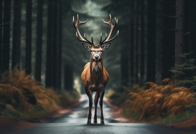 Foto un hermoso ciervo está en el camino en el bosque