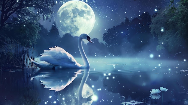 Un hermoso cisne nada en un lago iluminado por la luna rodeado de un bosque el agua está tranquila y todavía refleja la luz de la luna y las estrellas por encima