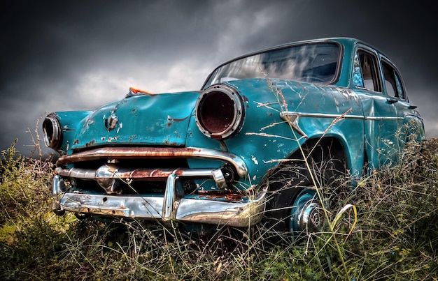 Hermoso coche retro está parado contra un cielo nublado