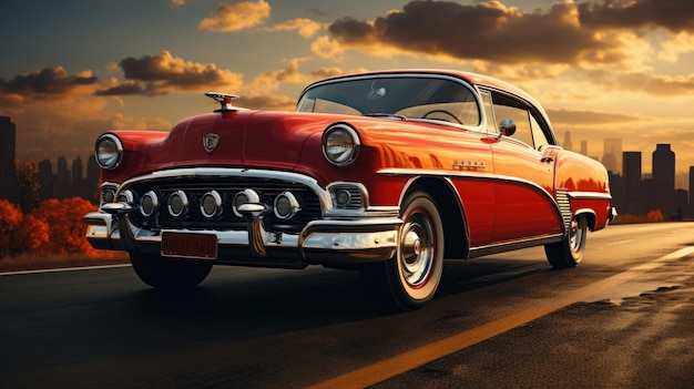 hermoso coche rojo retro conduciendo a lo largo de la autopista en un concepto de ventas de automóviles de una gran ciudad