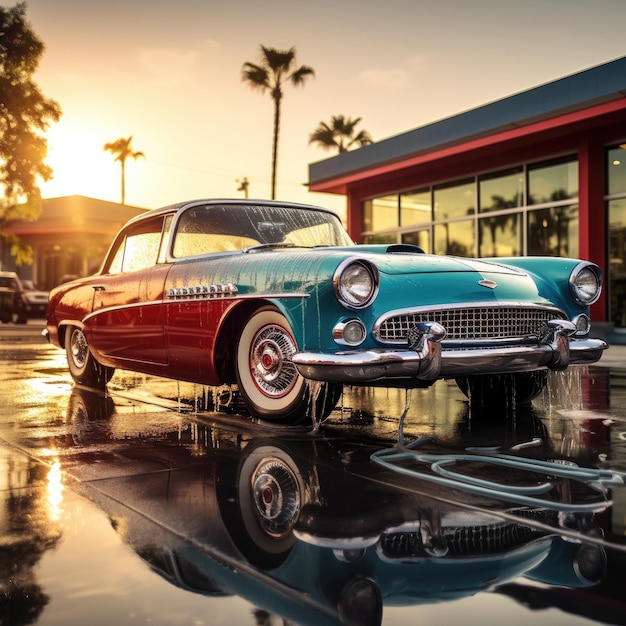 Foto un hermoso coche viejo en un lavado de coches de autoservicio coche vintage ia generativa