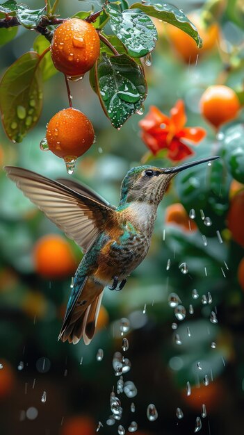 Foto hermoso colibrí de cola de pala con hermoso color en el río
