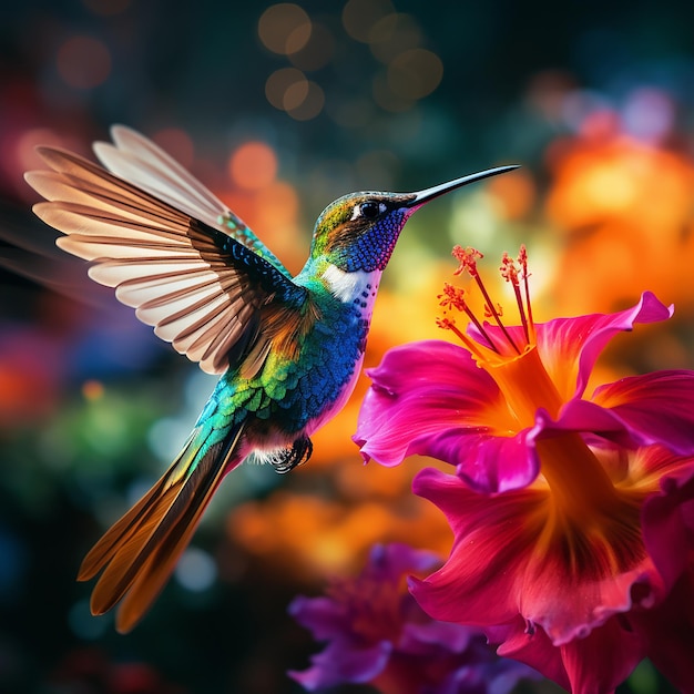 Un hermoso colibrí flota alimentándose de una flor vibrante generada por la inteligencia artificial