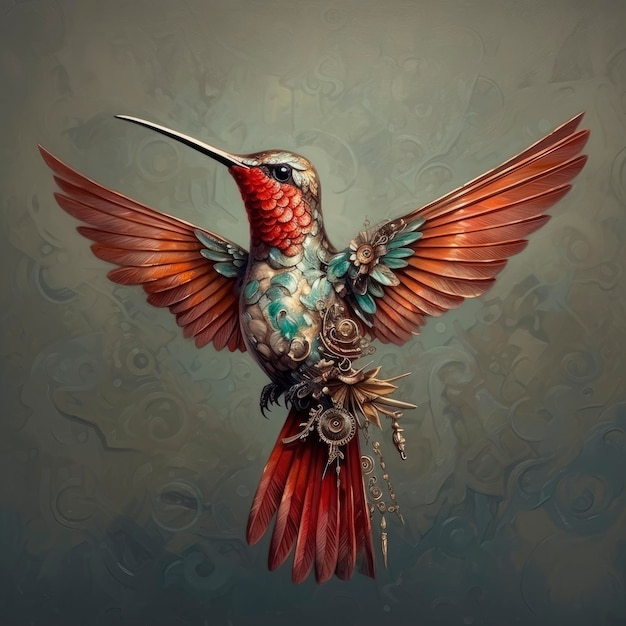 Hermoso colibrí con plumas y cuentas en pintura digital de fondo gris