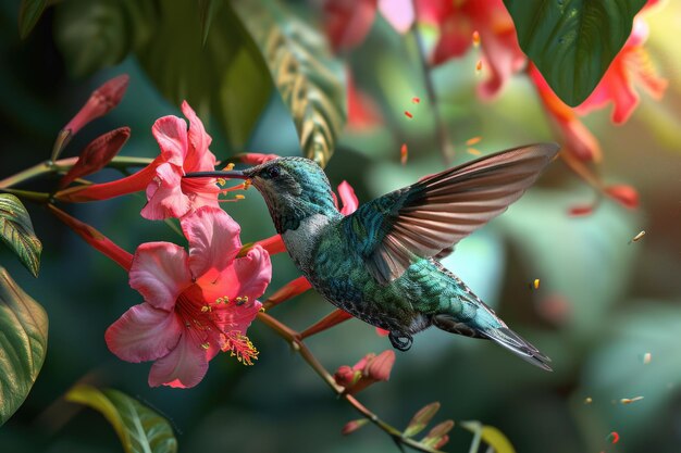 Un hermoso colibrí posado en una flor rosada perfecto para temas de naturaleza y vida silvestre