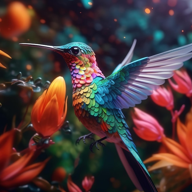 Foto hermoso colibrí volando cerca de las flores