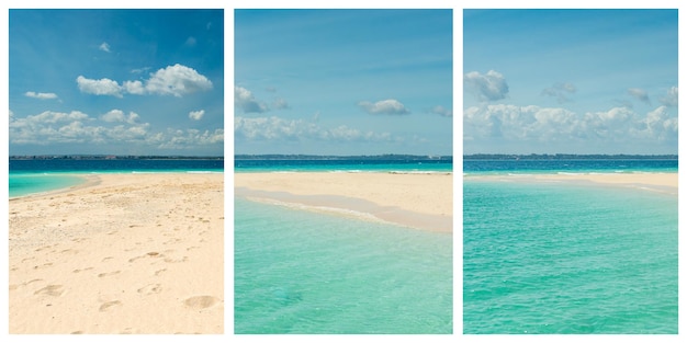Hermoso collage con vistas a la costa del mar con arena, océano y cielo. Idellyc paraíso lugar conjunto de imágenes