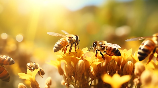 Hermoso colorido fondo de flores naturales de primavera de verano Abejas trabajando en un día soleado