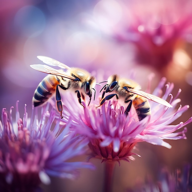 Hermoso colorido fondo de flores naturales de primavera de verano Abejas trabajando en un día soleado