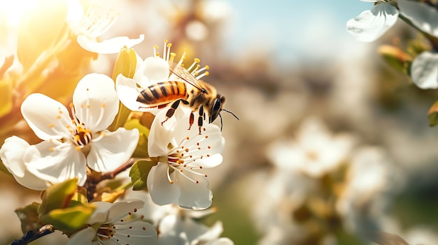 Hermoso colorido fondo de flores naturales de primavera de verano Abejas trabajando en un día soleado