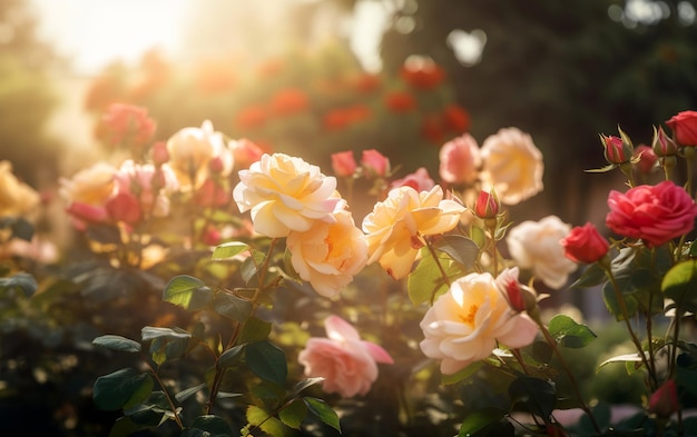 Hermoso y colorido jardín de rosas de ensueño con una iluminación cálida