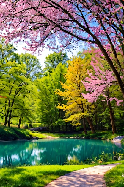 Hermoso colorido paisaje natural de primavera de verano con un lago en el parque rodeado de follaje verde