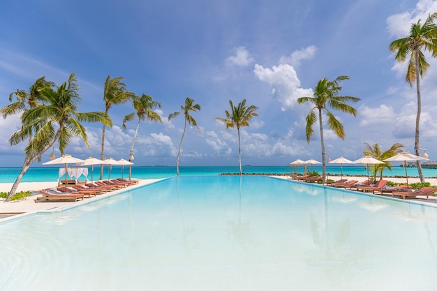 Hermoso complejo frente a la playa tropical con piscina, sillas, palmeras, día soleado, vacaciones