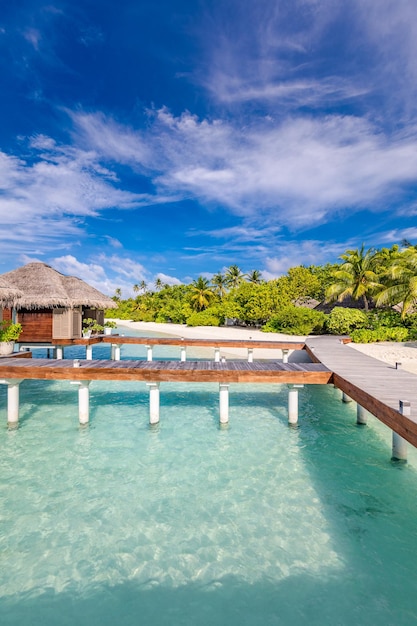 Hermoso complejo hotelero e isla tropical de Maldivas con playa y mar en el cielo para vacaciones