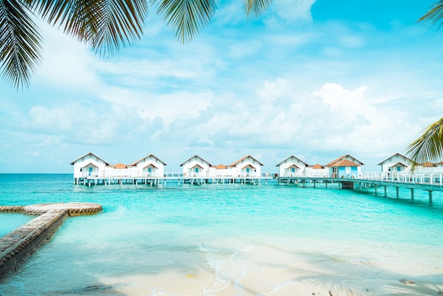 Hermoso complejo hotelero tropical de Maldivas e isla con playa y mar