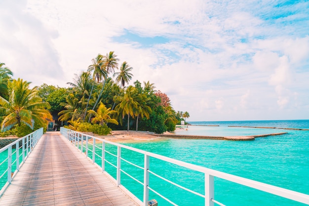 Hermoso complejo hotelero tropical de Maldivas e isla con playa y mar