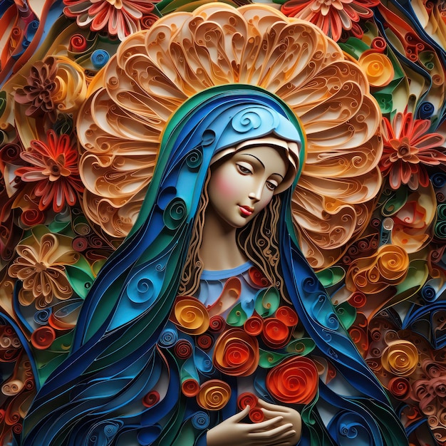 Hermoso concepto de arte de quilling de papel de colores vibrantes de la Virgen María, madre de Jesús