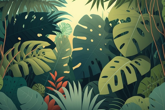 Hermoso concepto de banner de naturaleza tropical con cerca de una jungla con hojas de palma al sol