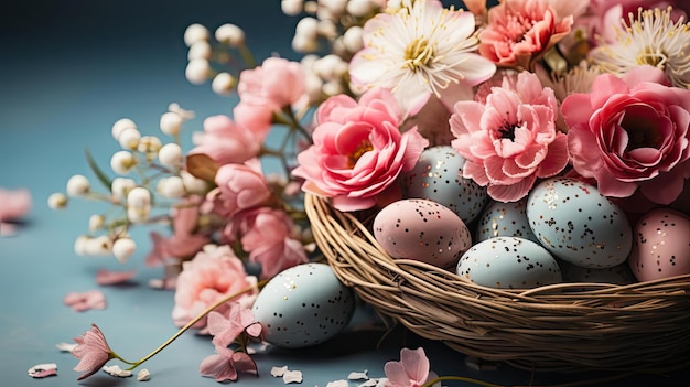 hermoso concepto de fondo del día de Pascua con huevos rosados y flores