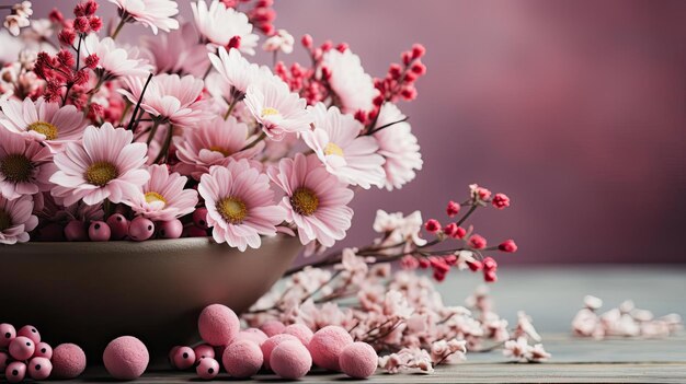 hermoso concepto de fondo del día de Pascua con huevos rosados y flores