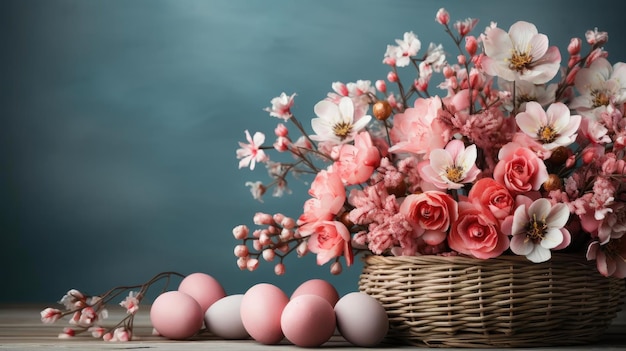 hermoso concepto de fondo del día de Pascua con huevos rosados y flores