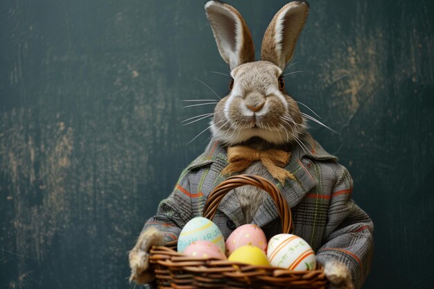 El hermoso conejo de Pascua sostiene una canasta con huevos de colores