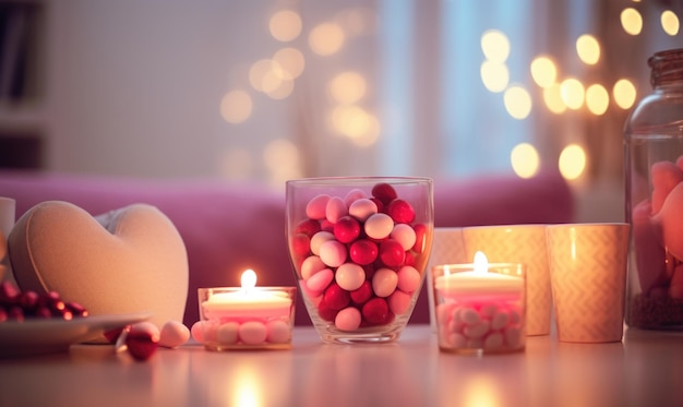 un hermoso conjunto con dos vasos de cristal con vino rosado en la mesa quemando velas y decoración con