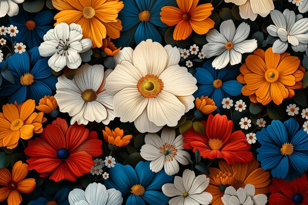 Foto un hermoso conjunto de flores de prado en flor dibujadas a mano en un estilo sin costuras sobre un fondo negro genial para telas de moda, envolturas de papel tapiz web y todas las impresiones