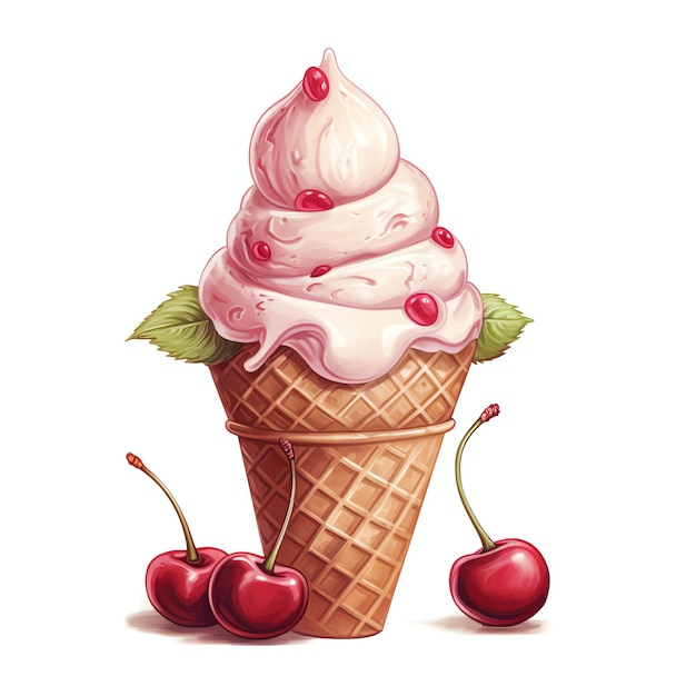 hermoso cono de helado con una cereza en la parte superior ilustración de clipart de postre sabroso