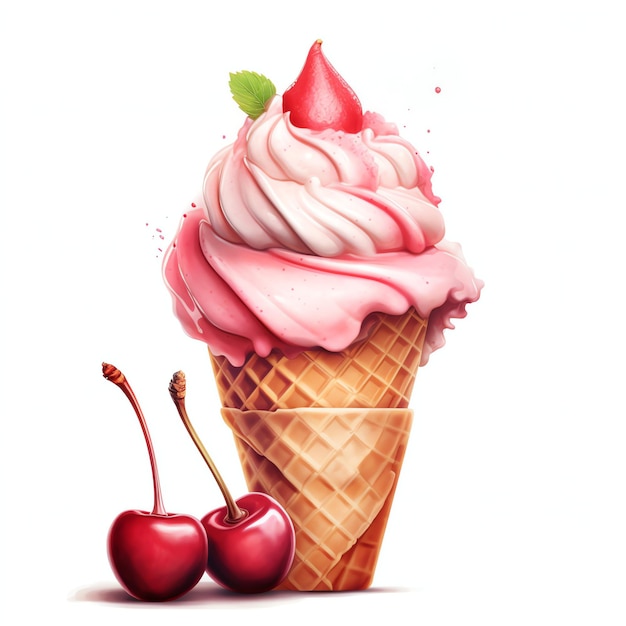 hermoso cono de helado con una cereza en la parte superior ilustración de clipart de postre sabroso