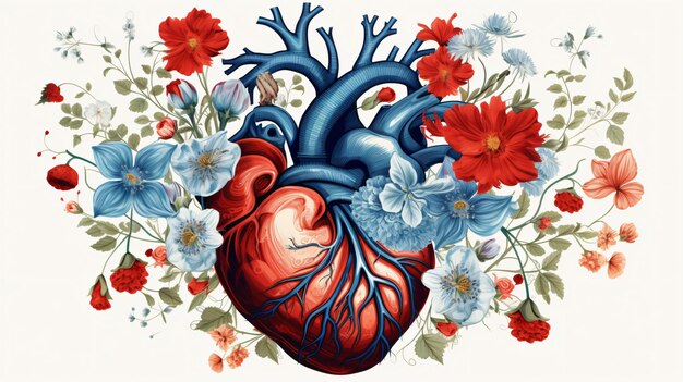 Hermoso corazón anatómico con flores y hojas
