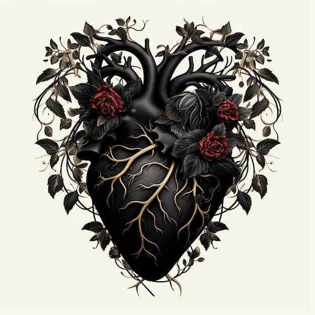 Foto hermoso corazón gótico negro con flores ilustración clipart
