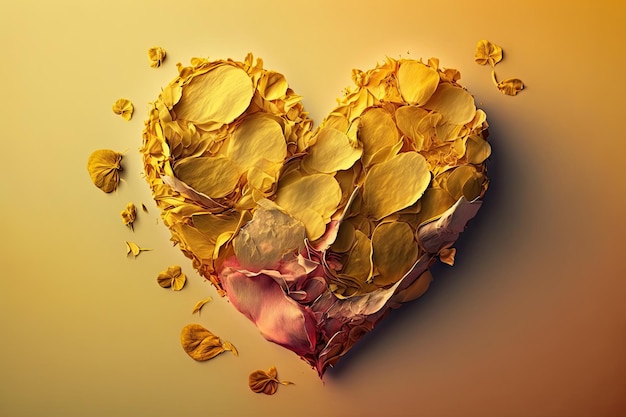 Hermoso corazón hecho de pétalos de rosa sobre fondo amarillo doble exposición creado con ai generativo